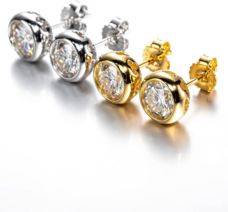 Bezel Set Moissanite Stud Earrings, 1-2 CTTW Round Cut D Color VVS, Platinum Plated Sterling Silver with Friction Back