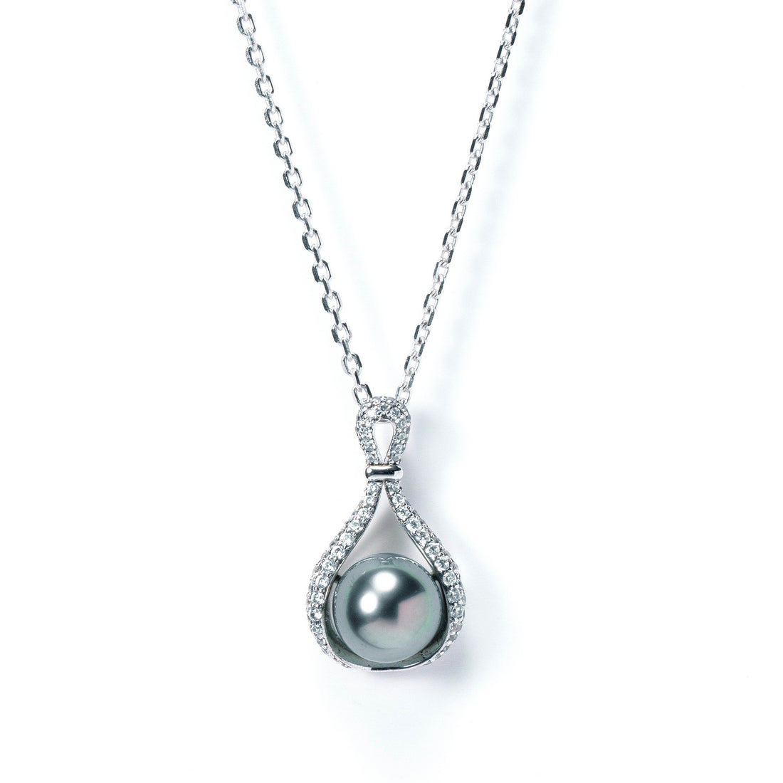 9-10mm AAAA Tahitian Black Pearl Pendant Necklace, Genuine Cultured South Sea Pearl Jewelry in 18K White Gold Plated Sterling Silver, Luxury Gift for Wife & Mom
