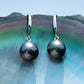 9-10mm Perfectly Round Tahitian Black Sea Pearl Drop Earrings, 18K White Gold Plated over Sterling Silver, Cultured Seawater Pearl Jewelry for Women
