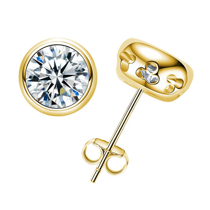 Bezel Set Moissanite Stud Earrings, 1-2 CTTW Round Cut D Color VVS, Platinum Plated Sterling Silver with Friction Back