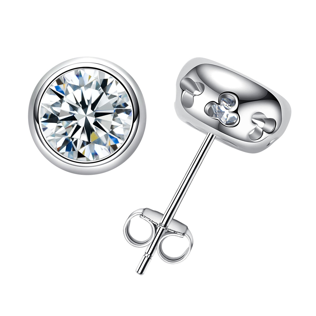 Bezel Set Moissanite Stud Earrings, 1-2 CTTW Round Cut D Color VVS, Platinum Plated Sterling Silver with Friction Back