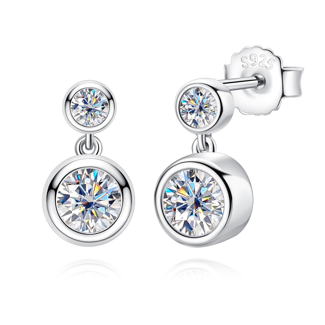 Bezel Moissanite Drop Earrings, Round Cut D Color VVS1, 18K Gold Plated Sterling Silver for Women & Men