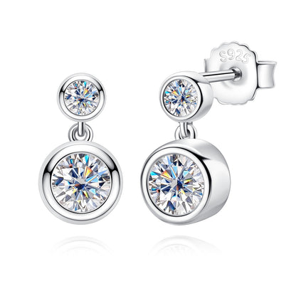 Bezel Moissanite Drop Earrings, Round Cut D Color VVS1, 18K Gold Plated Sterling Silver for Women & Men