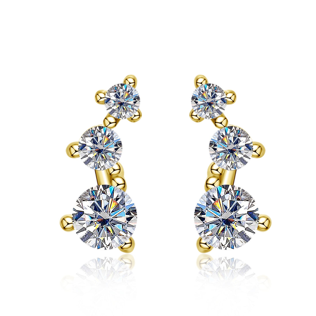 3-Stone Moissanite Ear Crawlers,  GRA Certified, 14K Gold Plated Earrings for Her