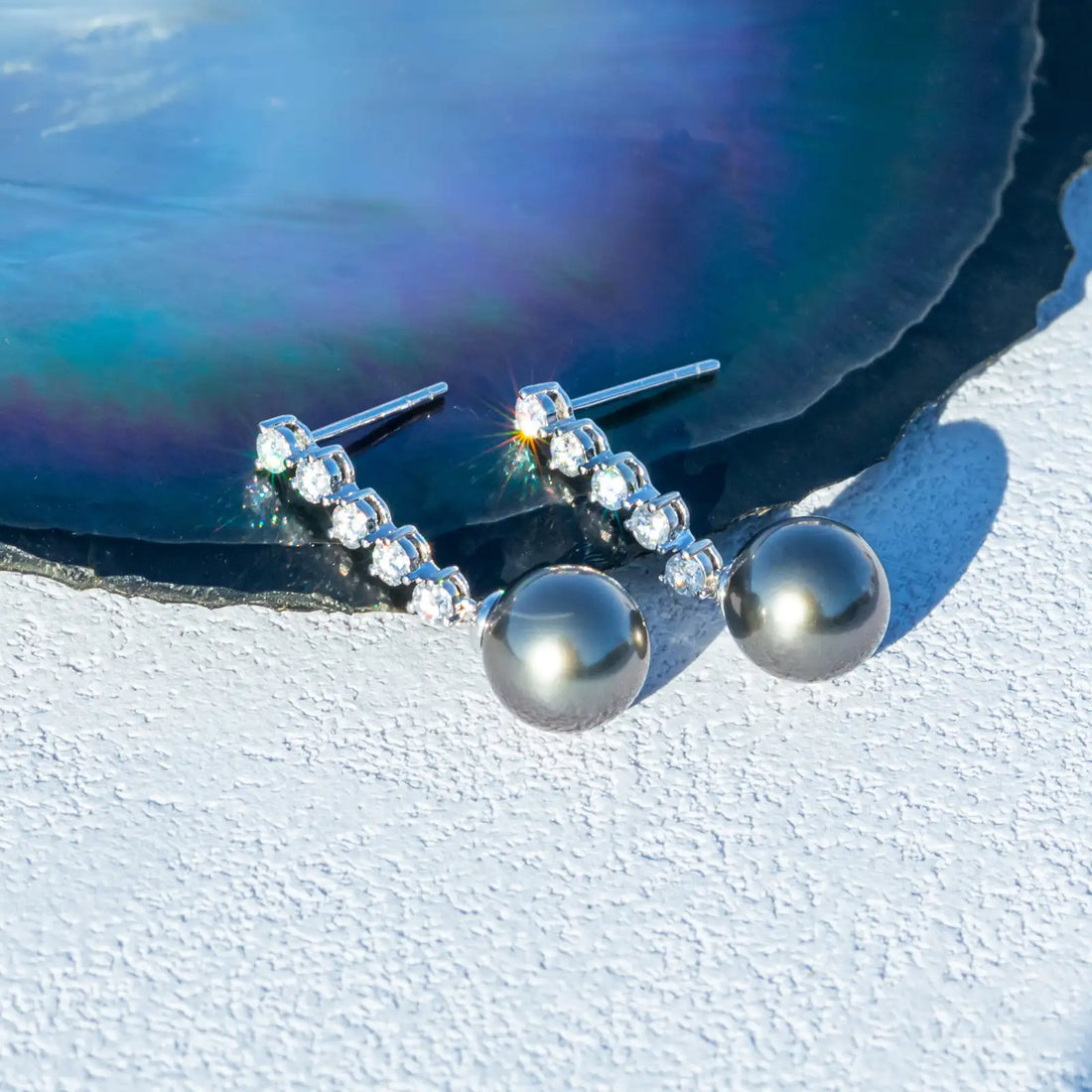 Tahitian Black Pearl Drop Earrings with Moissanite in 10K Solid White Gold, Dangle Earrings for Women, Perfect Gift for Mother's Day, Valentine's & Christmas