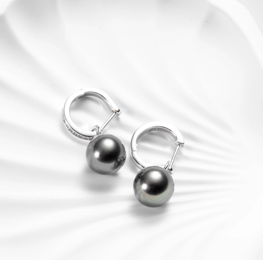 9-11mm Tahitian Black Pearl Earrings with Moissanite, 10K White Gold Plated 925 Sterling Silver, GRA Certified Luxury Gift for Women