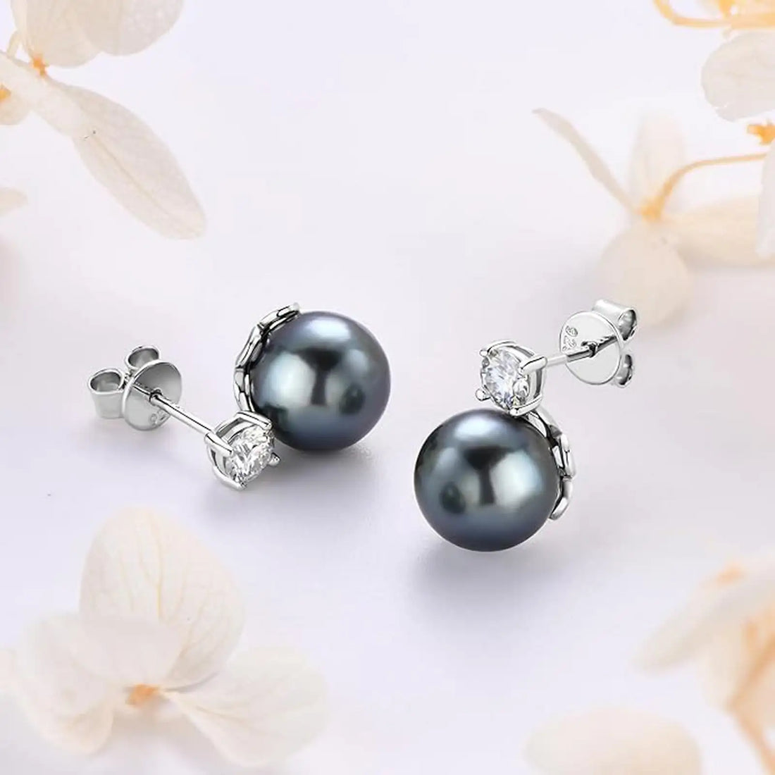 10mm Tahitian Black Pearl Stud Earrings, Classic Solitaire Design in 10K Solid White Gold with Moissanite Accents, Timeless Everyday Jewelry for Women