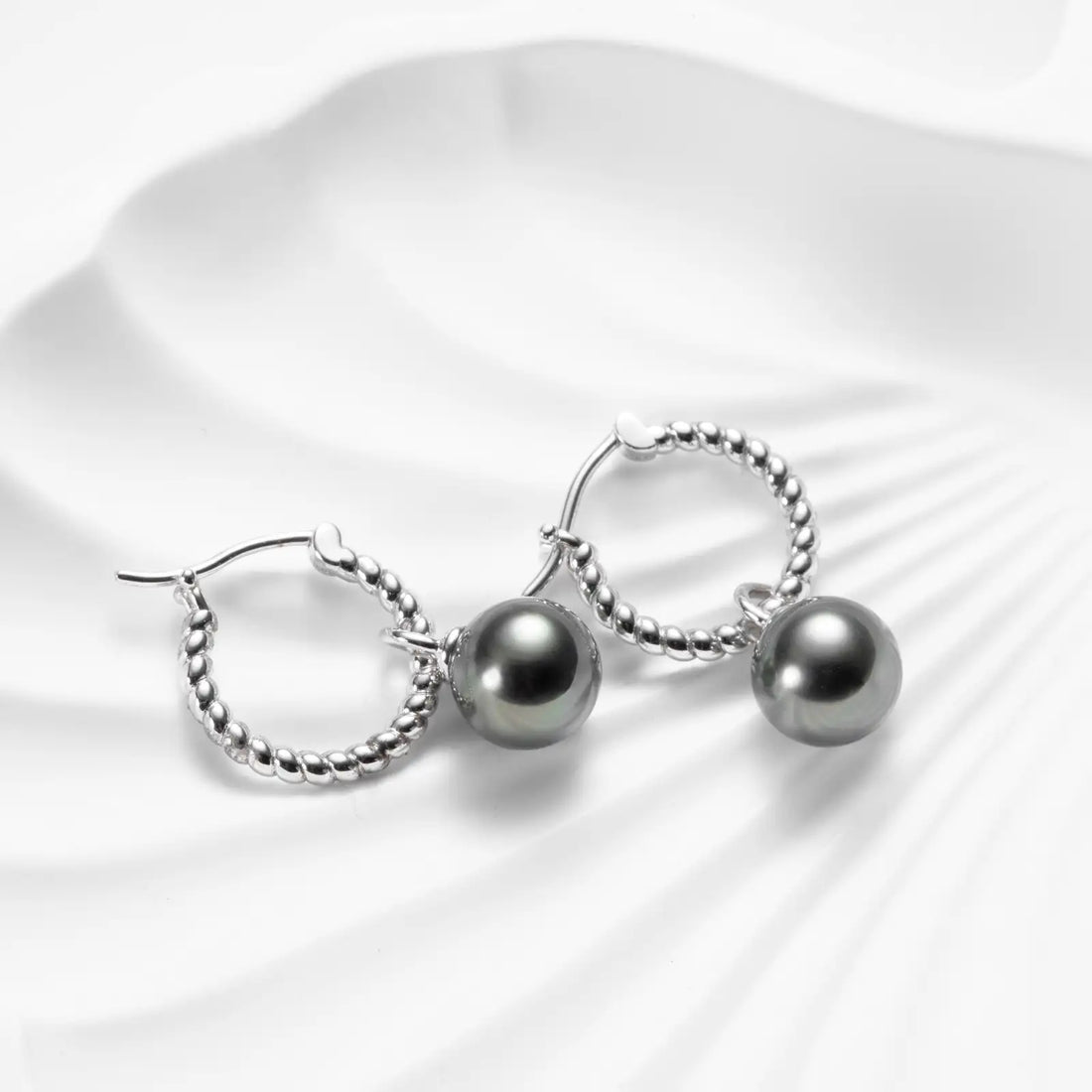 9-10mm Tahitian Black Baroque Pearl Earrings, Textured Twisted Rope Design in 18K White Gold Plated Sterling Silver, Artisan Drop Earrings for Women