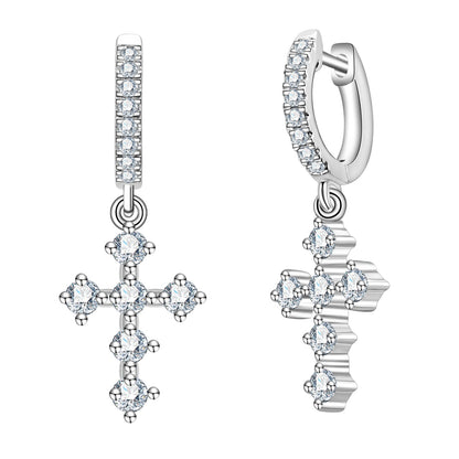 Cross Pendant Hoop Earrings with Moissanite, 925 Sterling Silver Fashion Jewelry for Women, Party Gift