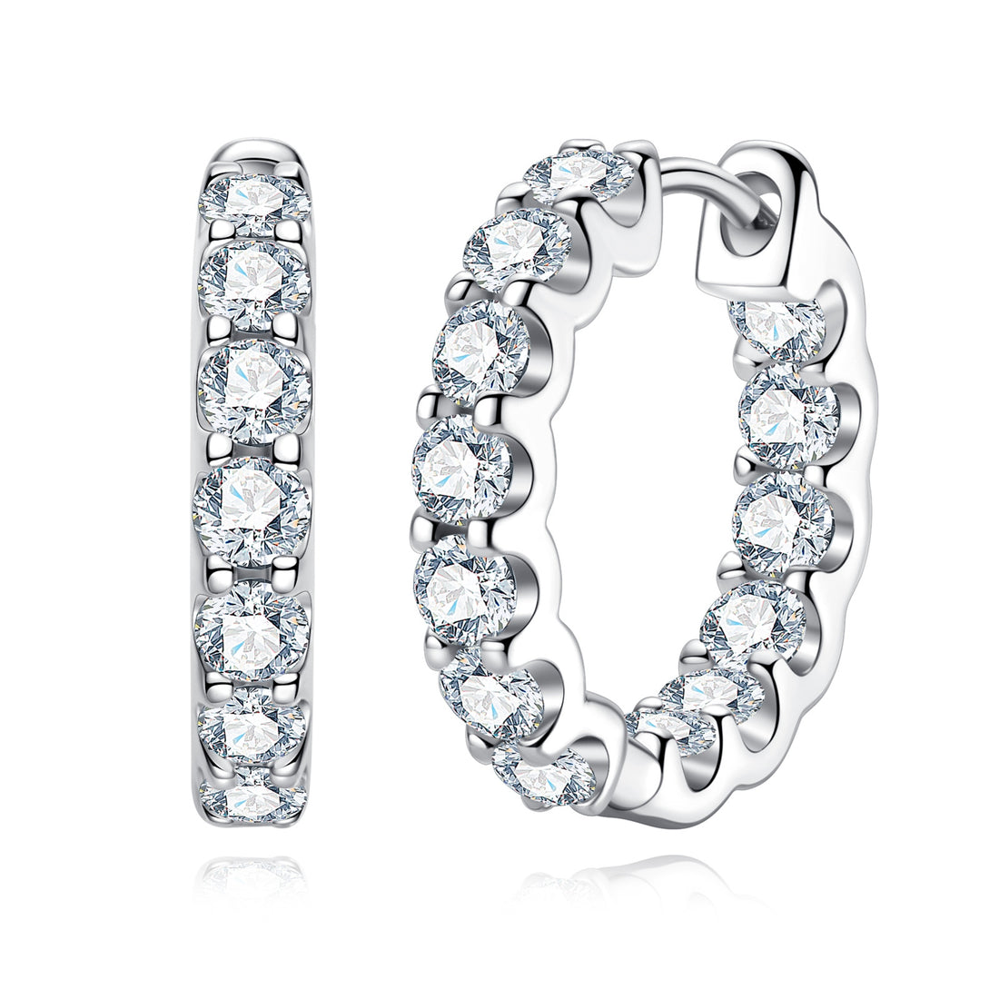 Huggie Hoop Earrings, Round Cut White Diamond & Moissanite Options, 14K White Gold Plated 925 Sterling Silver, Hypoallergenic Earrings for Women & Men
