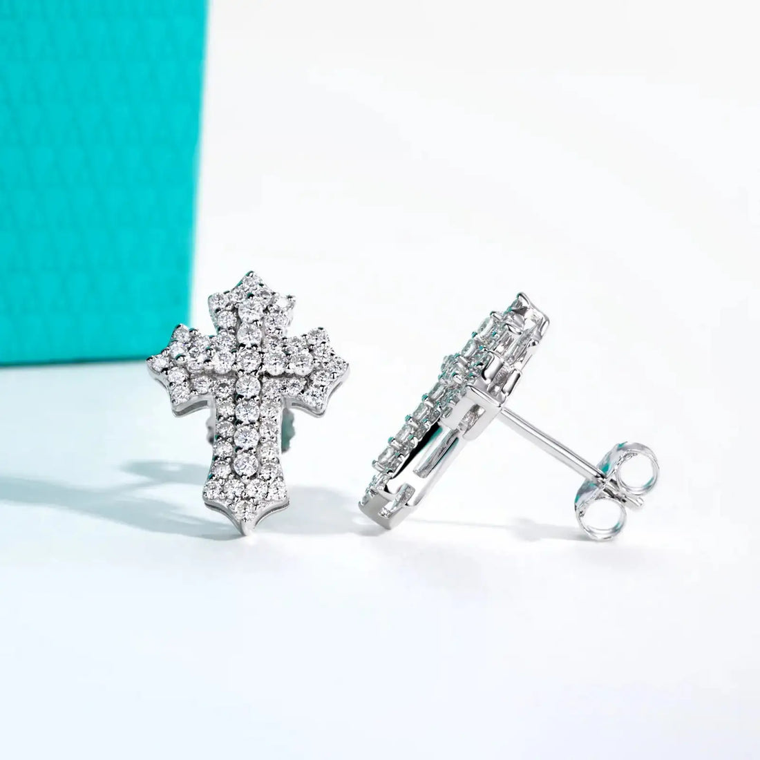 Full Pavé Cross Stud Earrings, Iced Out with Moissanite in 925 Sterling Silver, GRA Certified