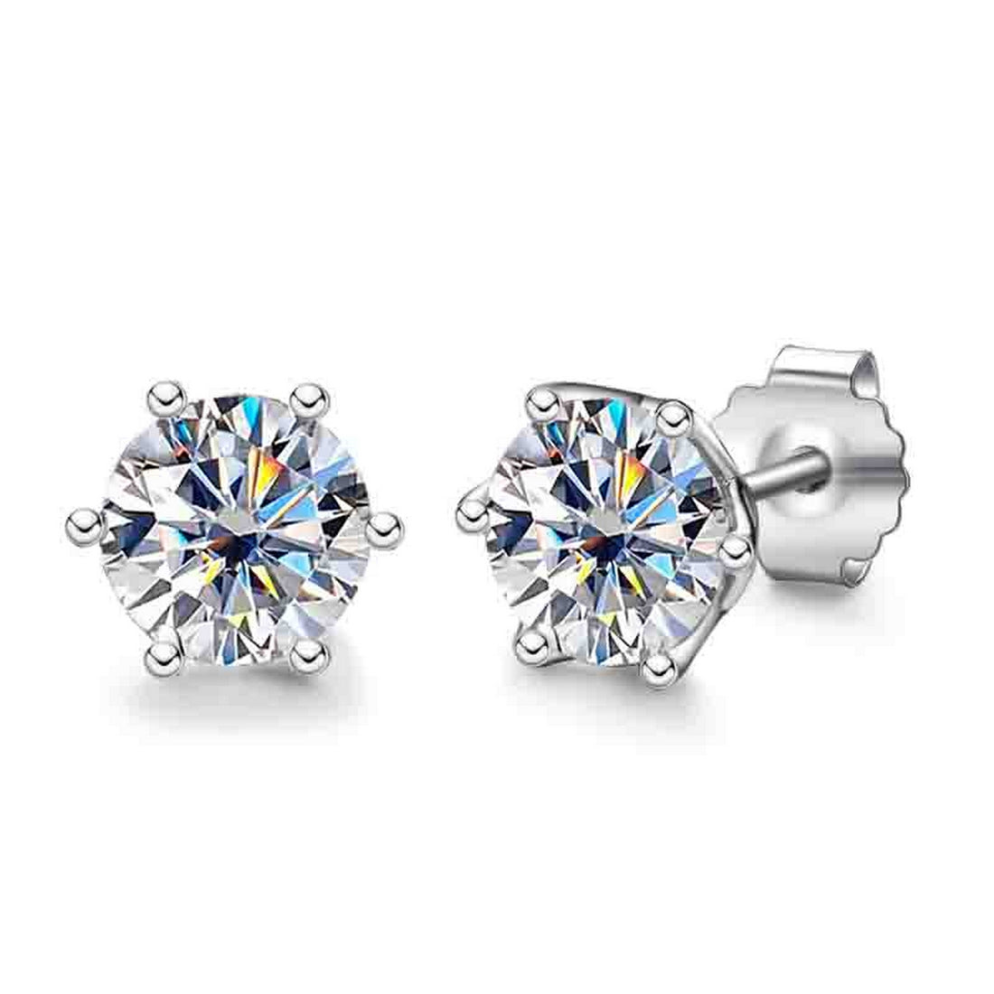 6-Prong Moissanite Stud Earrings, Round Cut D Color VVS1 Clarity in 925 Sterling Silver