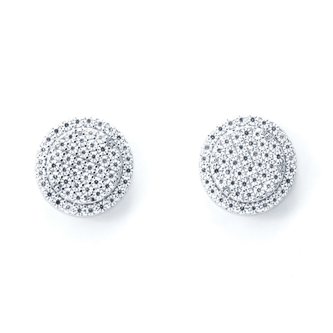 Iced Out Round Moissanite Stud Earrings, Full Pave 925 Sterling Silver with White Gold Plating, Hip Hop Bling Jewelry