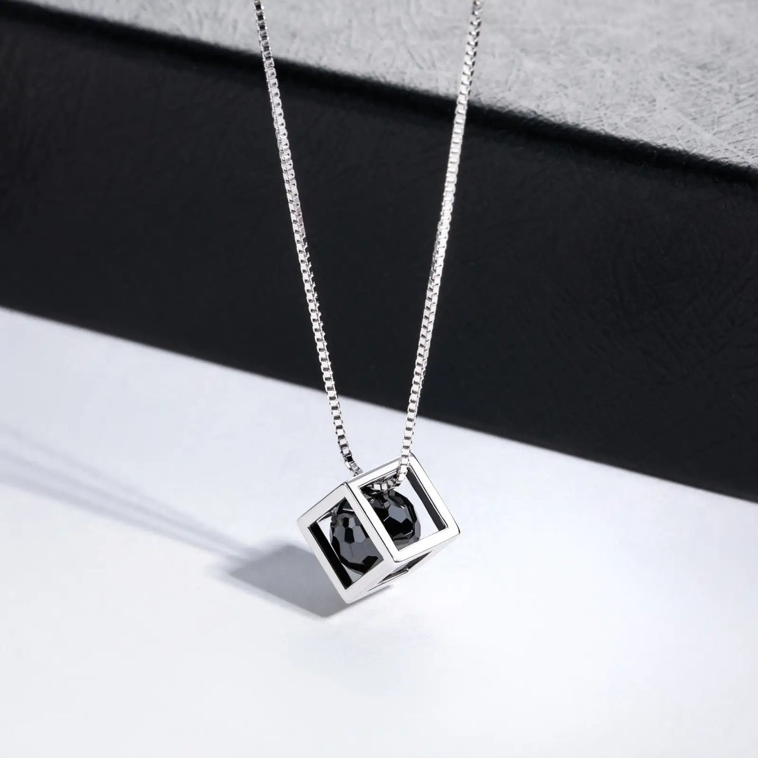 Cube Pendant Necklace with Black Round Moissanite, D Color VVS1 Clarity in 925 Sterling Silver, 40+2+3cm Adjustable Chain with Certificate