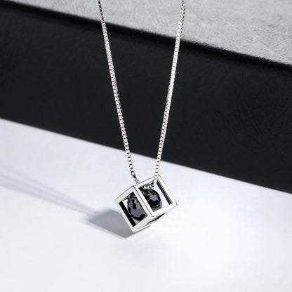 Cube Pendant Necklace with Black Round Moissanite, D Color VVS1 Clarity in 925 Sterling Silver, 40+2+3cm Adjustable Chain with Certificate