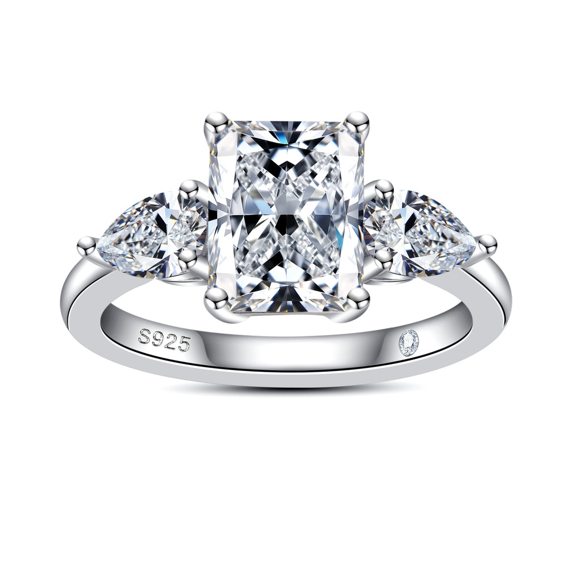 3 Carat Emerald/Radiant Cut Moissanite Engagement Ring with Pear Side Stones, D Color VVS1 Clarity in 925 Sterling Silver, Three-Stone Wedding Ring with Certificate