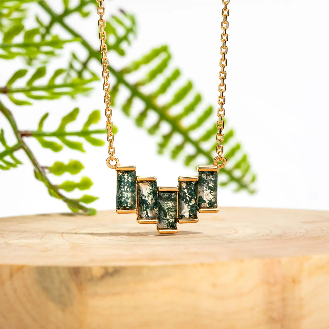 Baguette Cut Moss Agate Pendant Necklace, Natural Green Gemstone in 10K Gold Plated 925 Silver,  Girlfriend with Luxury Box