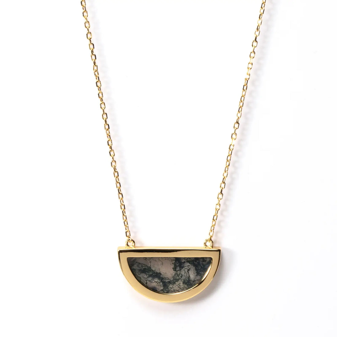 Semicircular Moss Agate Pendant Necklace, Natural Half-Moon Gemstone in Gold Plated 925 Sterling Silver, Unisex Anniversary Gift with Luxury Packaging