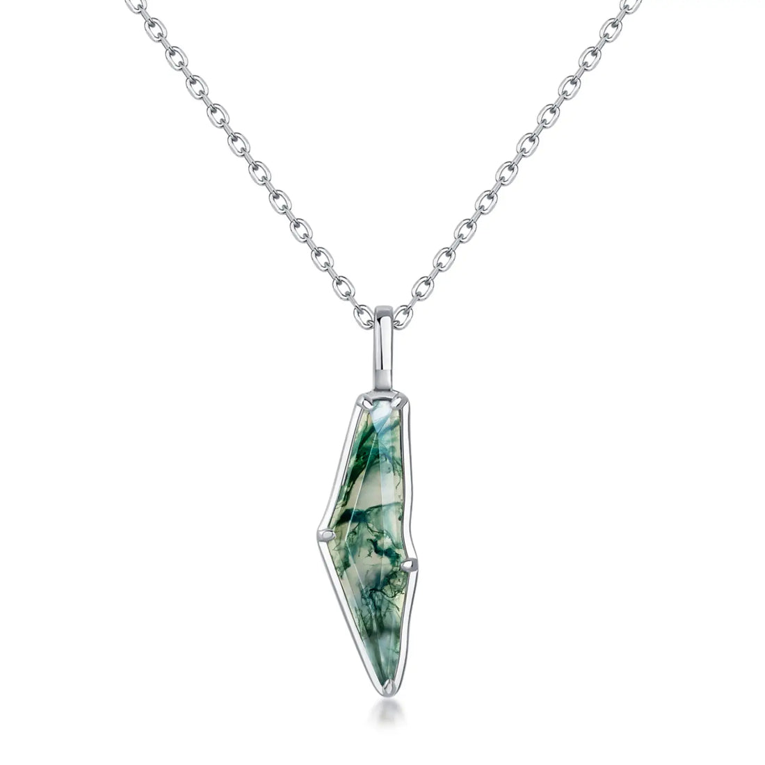 Moss Agate Geometric Pendant Necklace, Natural Stone Jewelry in 925 Sterling Silver, Christmas Wedding Gift for Women