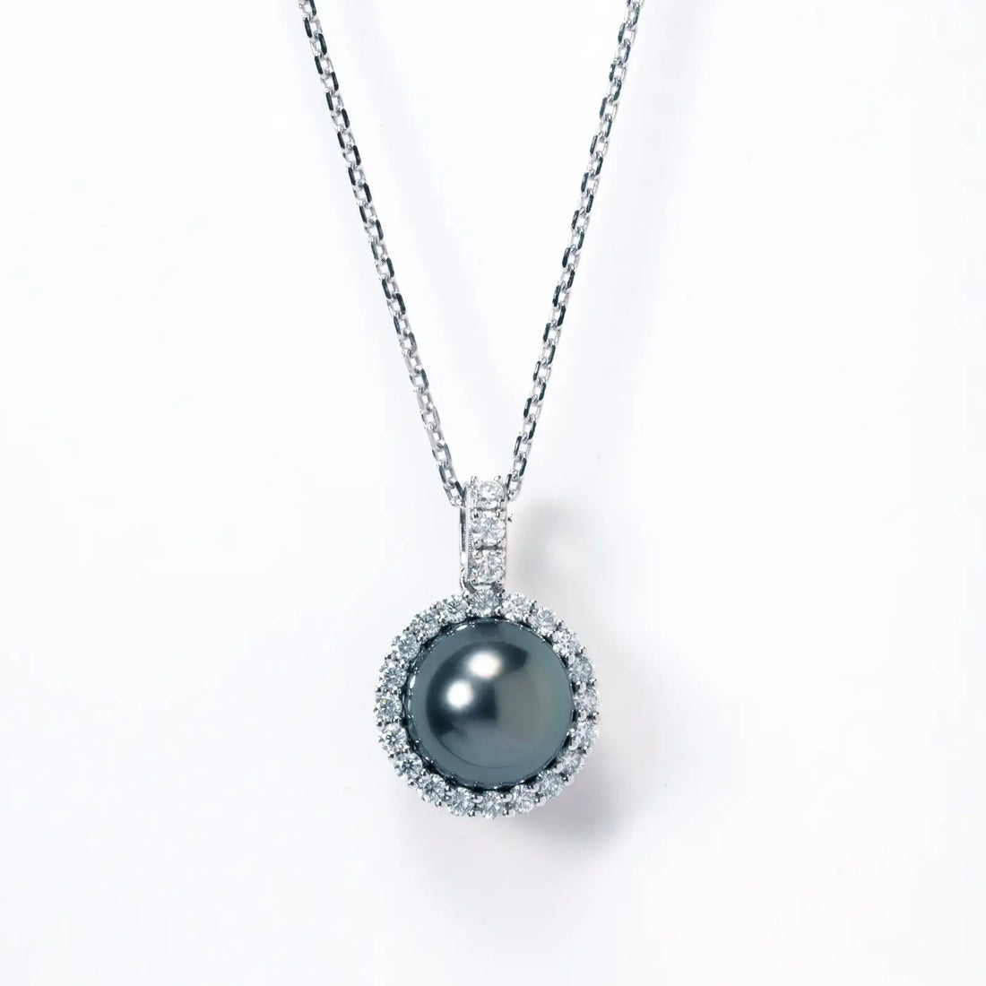 12-13mm AAAA Tahitian Black Pearl Necklace with Moissanite Pendant, 10K White Gold Plated 925 Sterling Silver, 45+2+3cm Adjustable Chain