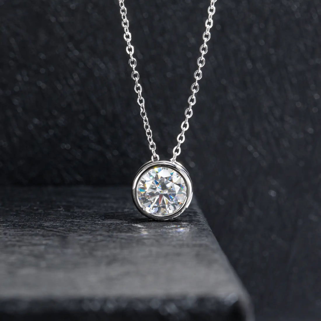 Bezel Set Solitaire Moissanite Pendant Necklace, 2 Carat Round Cut D Color VVS1, 18K White Gold Plated 925 Sterling Silver, GRA Certified Unisex Jewelry