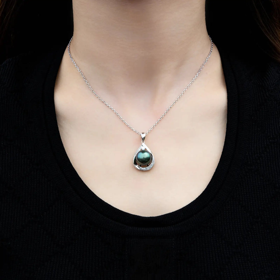 13mm Tahitian Black Pearl Teardrop Pendant Necklace with Moissanite in 925 Sterling Silver, Adjustable Chain Birthday & Anniversary Gift for Women