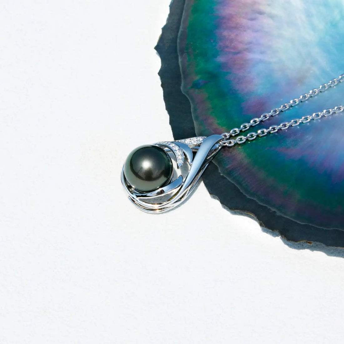 11-12mm AAAA Tahitian Black Pearl Necklace with D Color Moissanite Pendant, 18K White Gold Plated over Sterling Silver, 45+2+3mm Adjustable Chain