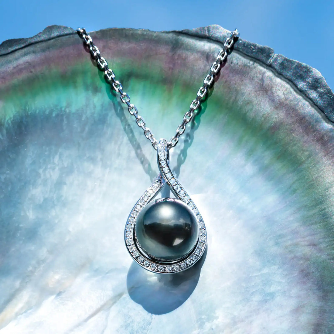 Teardrop Tahitian Black Pearl Pendant Necklace, AAAA Grade with Moissanite Halo, 18K Gold Plated Sterling Silver Chain