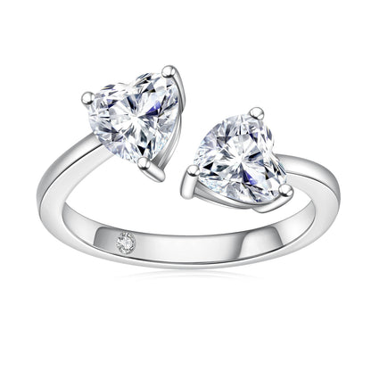 Adjustable Open Heart Moissanite Ring, 2 CTTW D Color VVS1, 925 Sterling Silver with Certificate