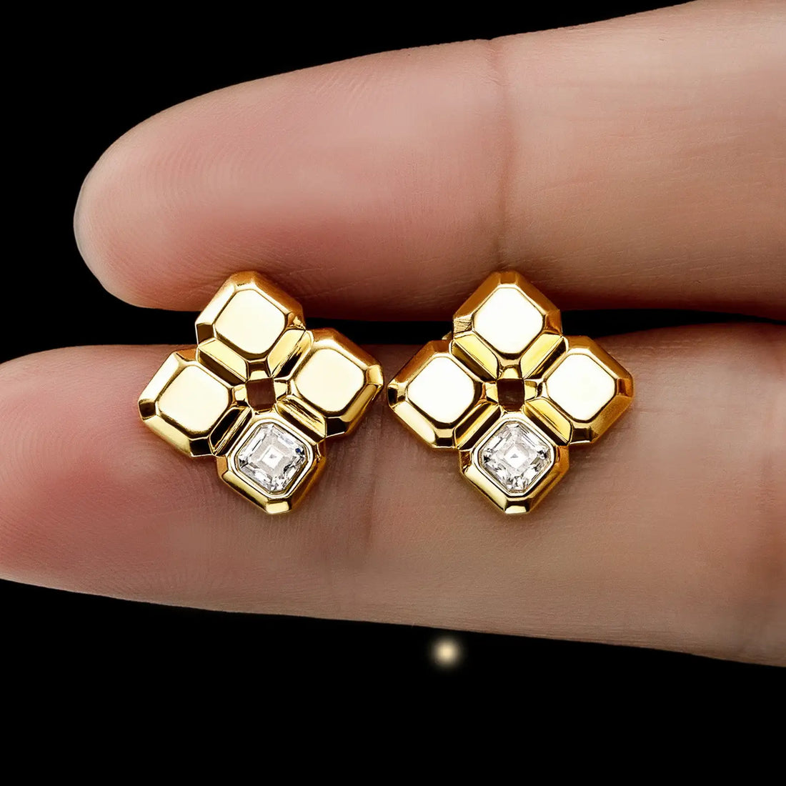 Pixel Rhombus Moissanite Stud Earrings, Rhombus Cut with GRA Certificate, 14K Gold Plated Sterling Silver