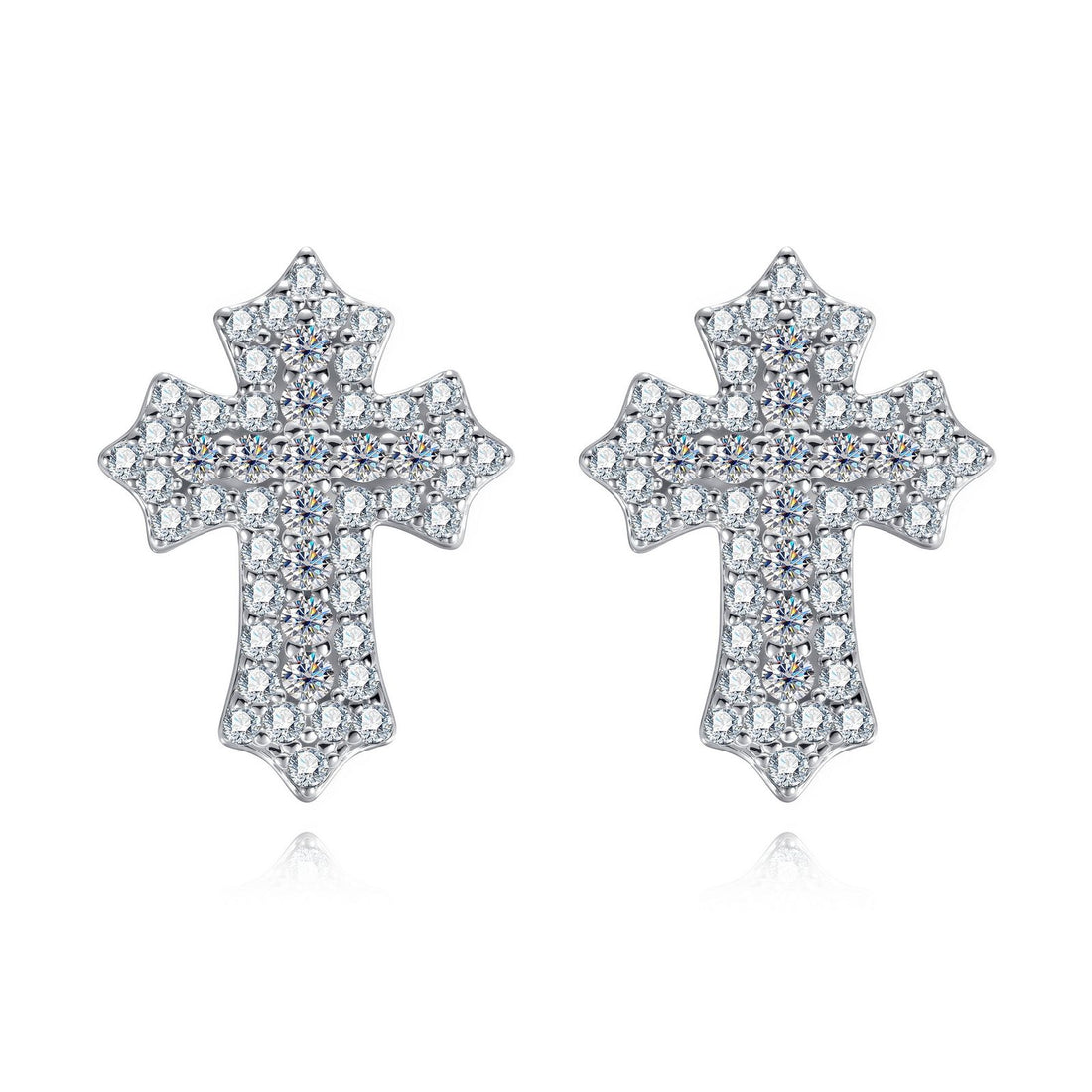 Full Pavé Cross Stud Earrings, Iced Out with Moissanite in 925 Sterling Silver, GRA Certified