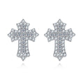 Full Pavé Cross Stud Earrings, Iced Out with Moissanite in 925 Sterling Silver, GRA Certified
