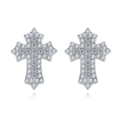 Full Pavé Cross Stud Earrings, Iced Out with Moissanite in 925 Sterling Silver, GRA Certified