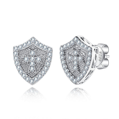 Guardian's Shield Stud Earrings, Full Pavé Moissanite in 925 Sterling Silver