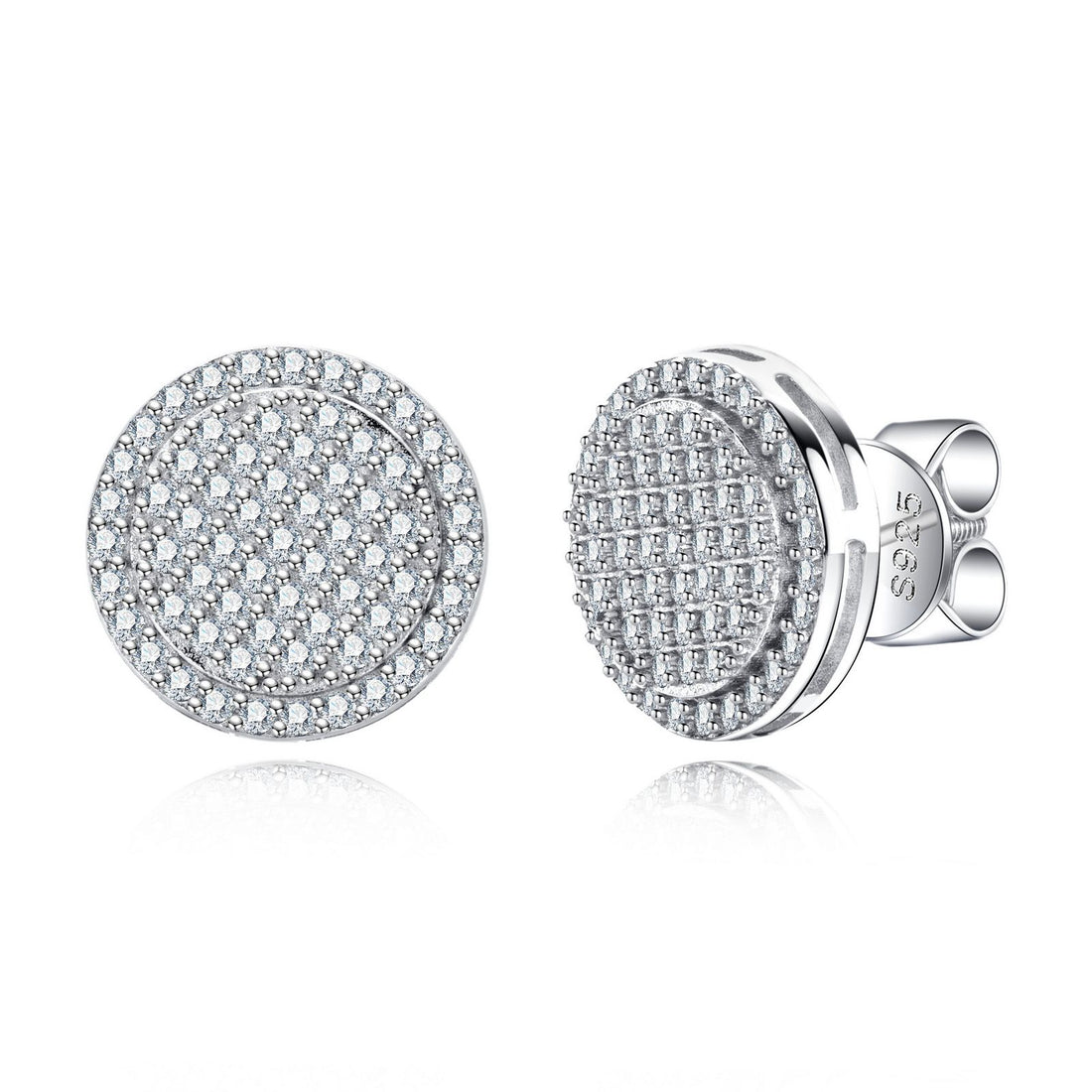 Iced Out Round Moissanite Stud Earrings, Full Pave 925 Sterling Silver with White Gold Plating, Hip Hop Bling Jewelry