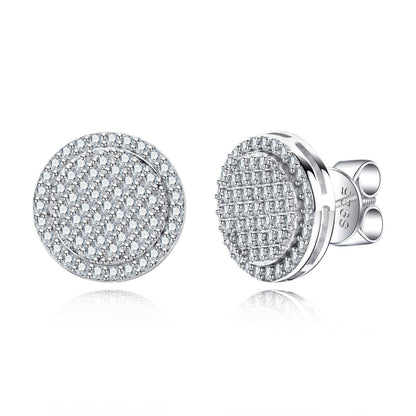 Iced Out Round Moissanite Stud Earrings, Full Pave 925 Sterling Silver with White Gold Plating, Hip Hop Bling Jewelry