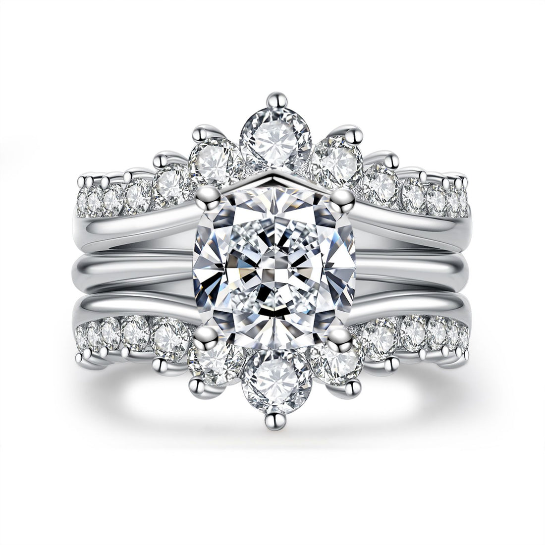 3-in-1 Moissanite Bridal Set, 4.52 CTTW (3 CT Center) D Color VVS1 in 925 Sterling Silver, Cushion Cut Engagement & Wedding Rings with Certificate