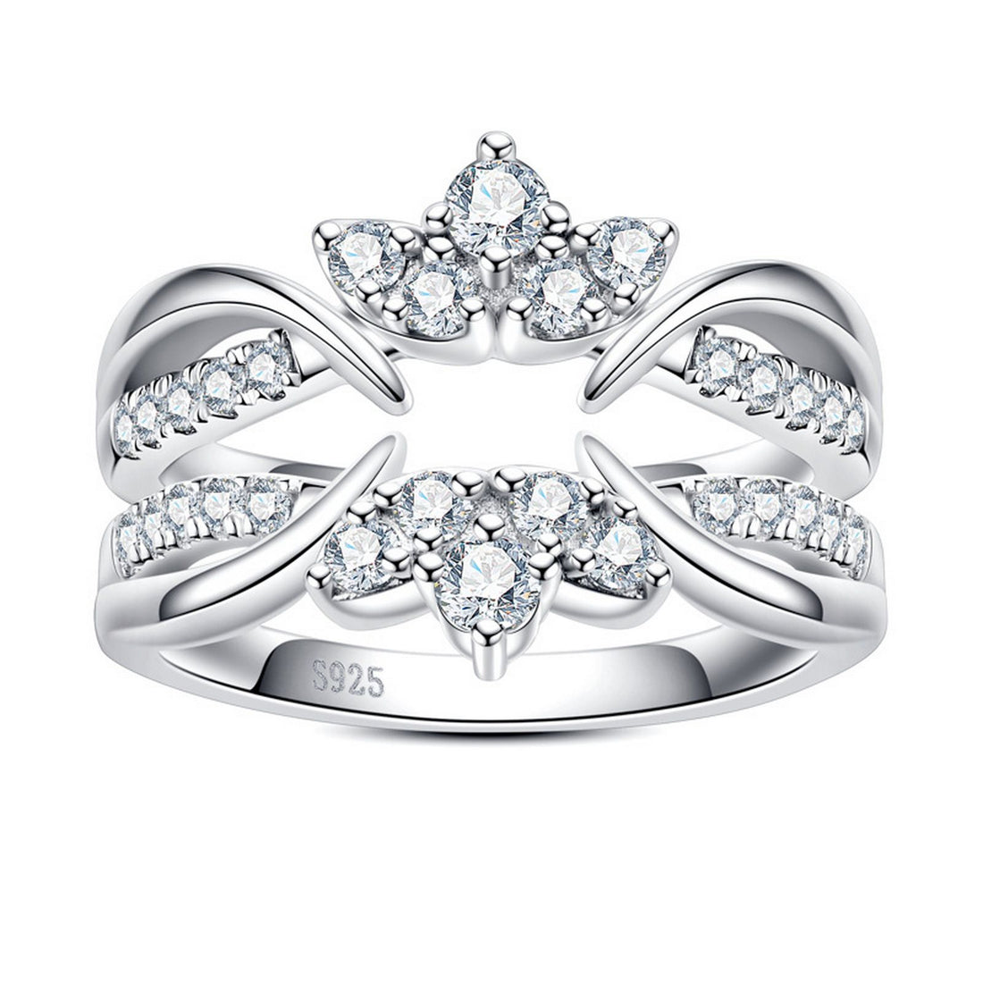 2-Piece Moissanite Ring Enhancer & Guard Set, Curved Wrap Wedding Bands in Platinum Plated Silver, Stackable Eternity Rings for Engagement & Anniversary