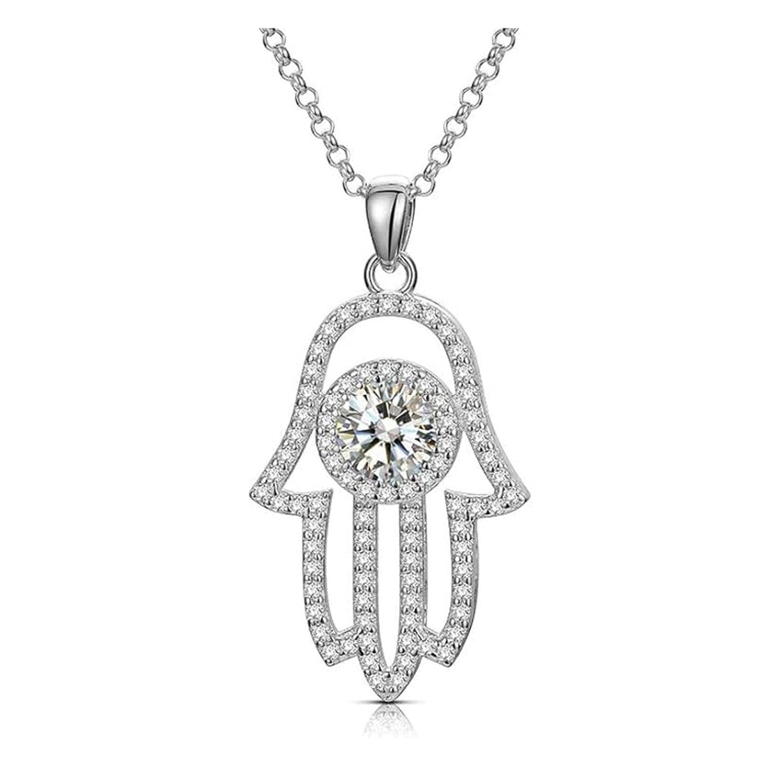 Hamsa Hand Pendant with 1 Carat Round Cut Moissanite, 14K Gold Plated 925 Sterling Silver,  Jewelry for Women