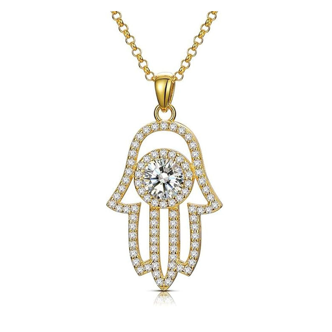 Hamsa Hand Pendant with 1 Carat Round Cut Moissanite, 14K Gold Plated 925 Sterling Silver,  Jewelry for Women