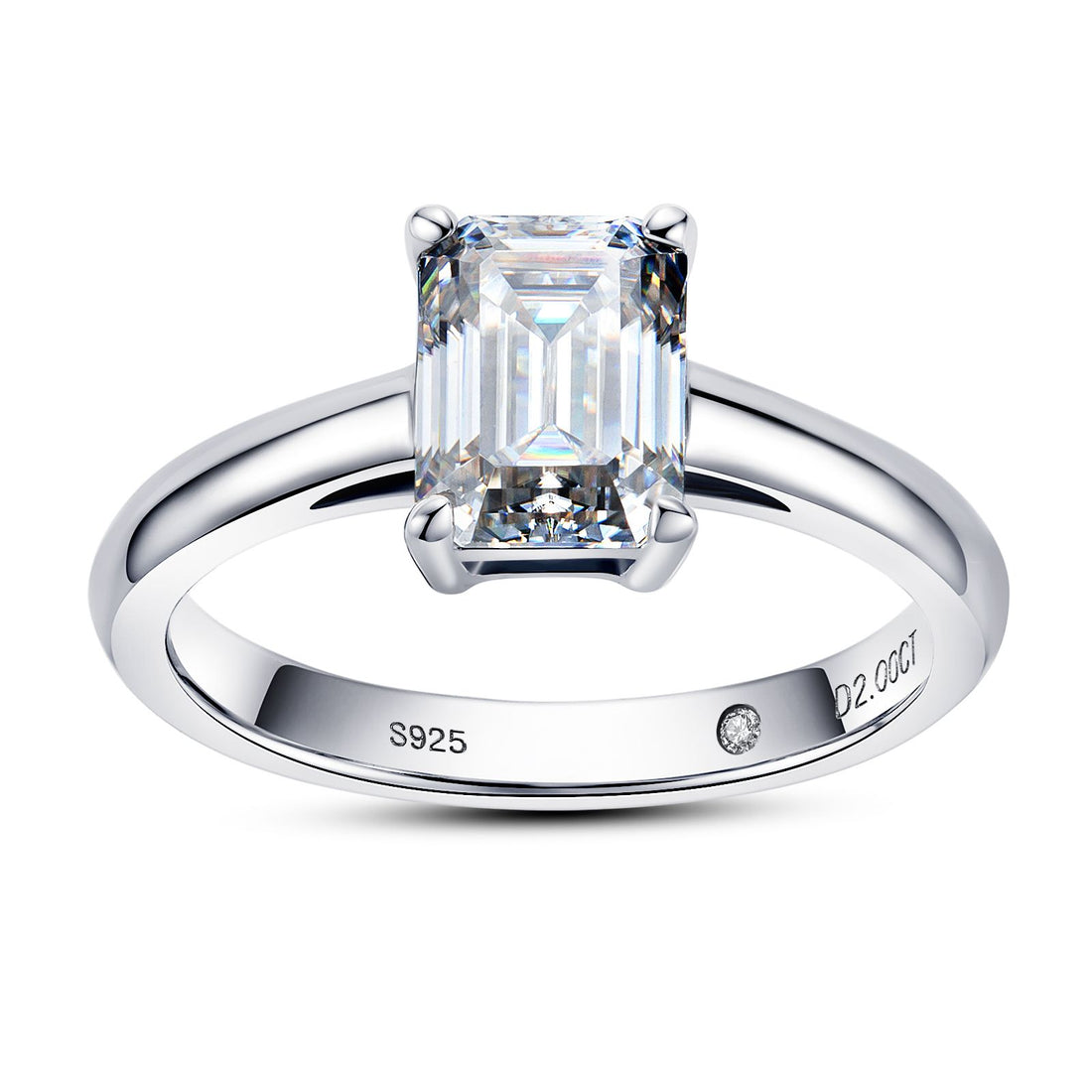 Emerald Cut 2 Carat Solitaire Moissanite Engagement Ring, Four-Prong Setting with GRA Certificate