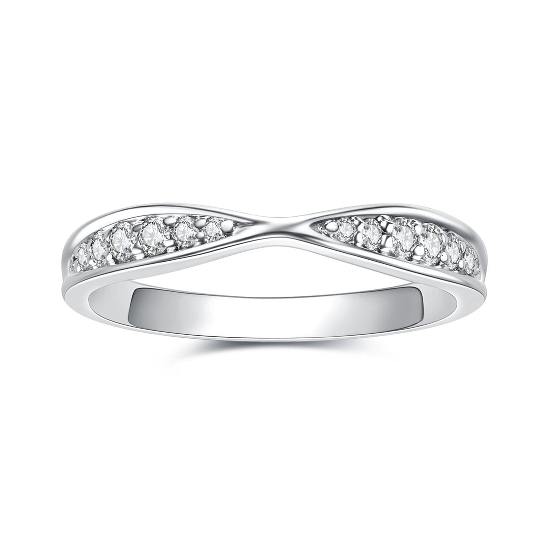 Round Cut Moissanite Crossover Wedding Band, Stackable Ring in 14K Gold Plated 925 Sterling Silver, D Color VVS1 Eternity Ring for Women