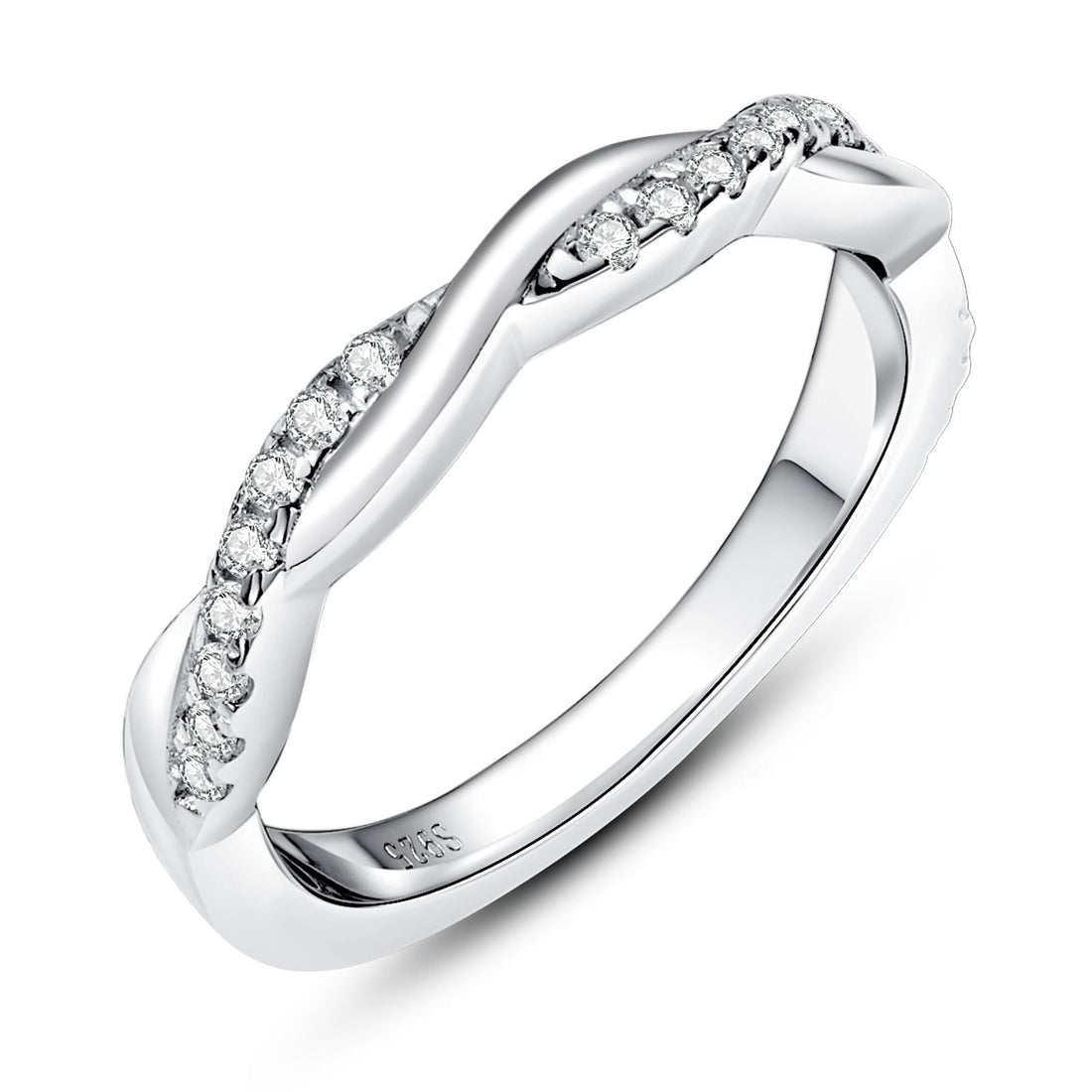 Twisted Vine & Infinity Moissanite Ring, D Color VVS1 in Platinum Plated Silver, Eternal Wedding Band