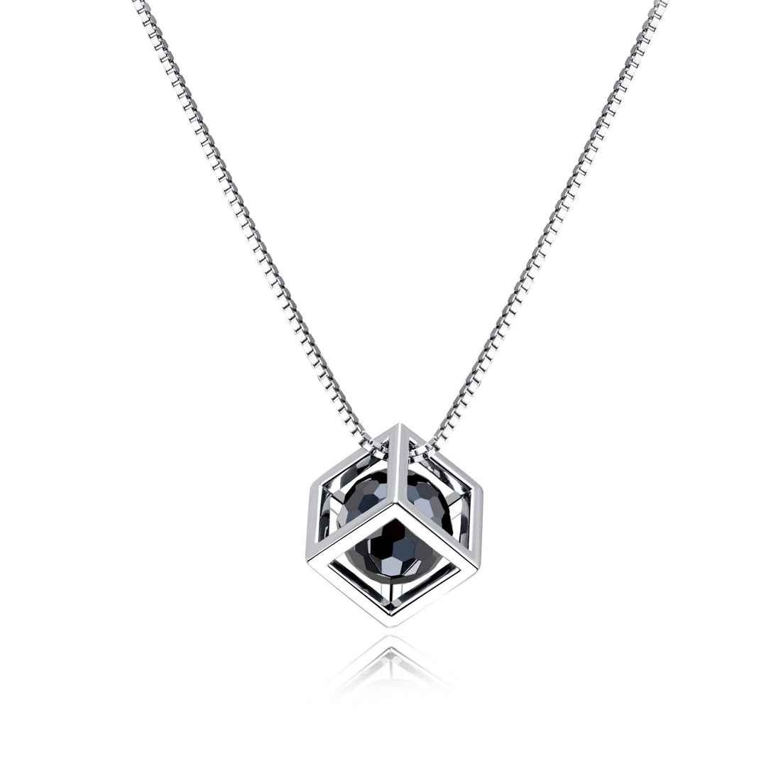 Cube Pendant Necklace with Black Round Moissanite, D Color VVS1 Clarity in 925 Sterling Silver, 40+2+3cm Adjustable Chain with Certificate