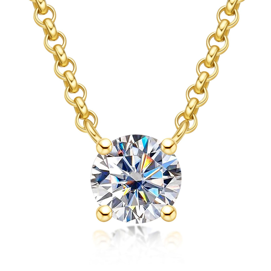 1.0-3.0 CT Round Cut Moissanite Pendant Necklace, Four-Prong Setting in 14K Gold Plated 925 Sterling Silver, D Color VVS1 Certified Jewelry for Women