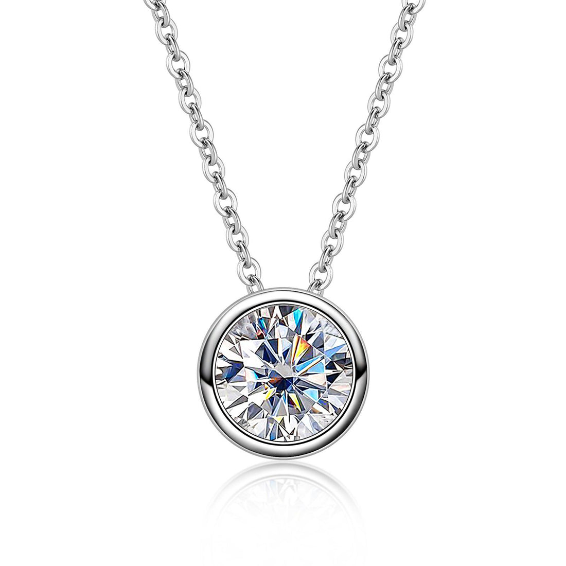 Bezel Set Solitaire Moissanite Pendant Necklace, 2 Carat Round Cut D Color VVS1, 18K White Gold Plated 925 Sterling Silver, GRA Certified Unisex Jewelry