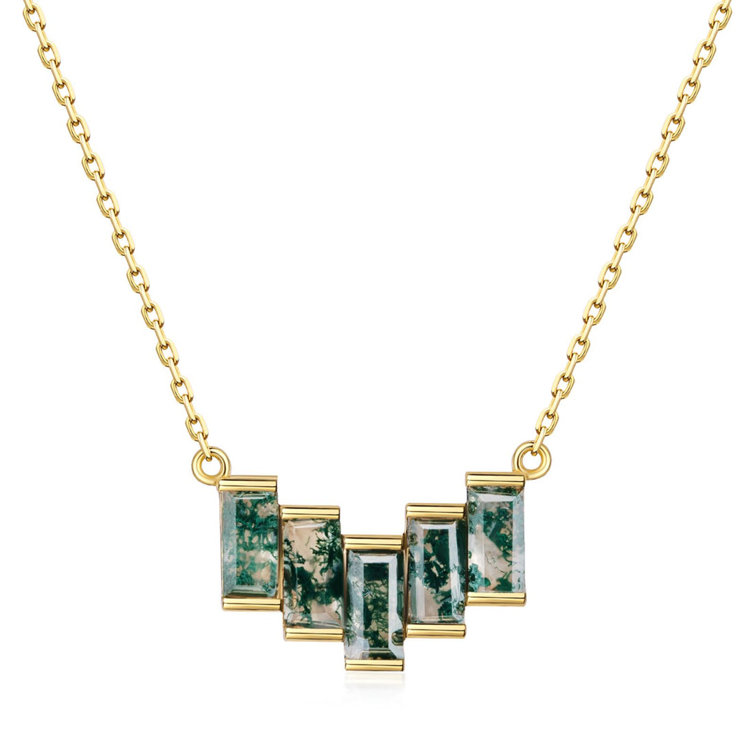 Baguette Cut Moss Agate Pendant Necklace, Natural Green Gemstone in 10K Gold Plated 925 Silver,  Girlfriend with Luxury Box