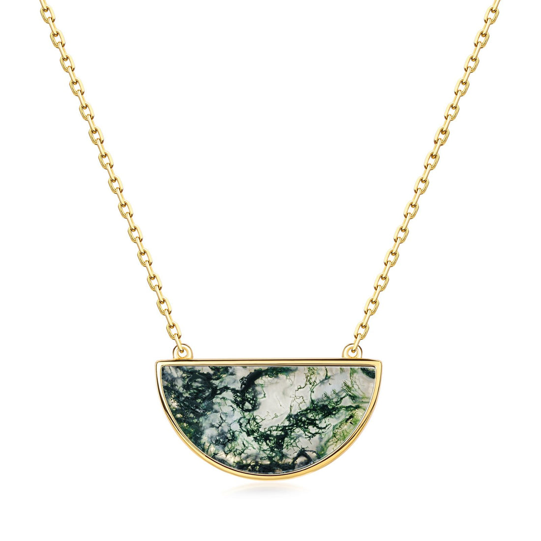Semicircular Moss Agate Pendant Necklace, Natural Half-Moon Gemstone in Gold Plated 925 Sterling Silver, Unisex Anniversary Gift with Luxury Packaging