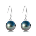 9-10mm Perfectly Round Tahitian Black Sea Pearl Drop Earrings, 18K White Gold Plated over Sterling Silver, Cultured Seawater Pearl Jewelry for Women