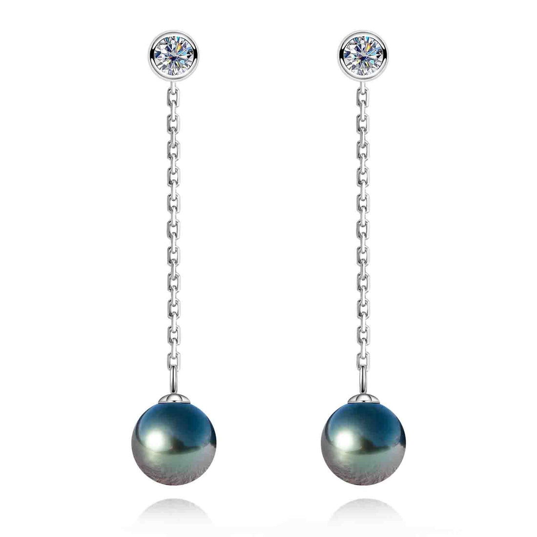 Tahitian Black Pearl Beaded Threader Earrings with Moissanite, 925 Sterling Silver Drop Earrings & GRA Certificate